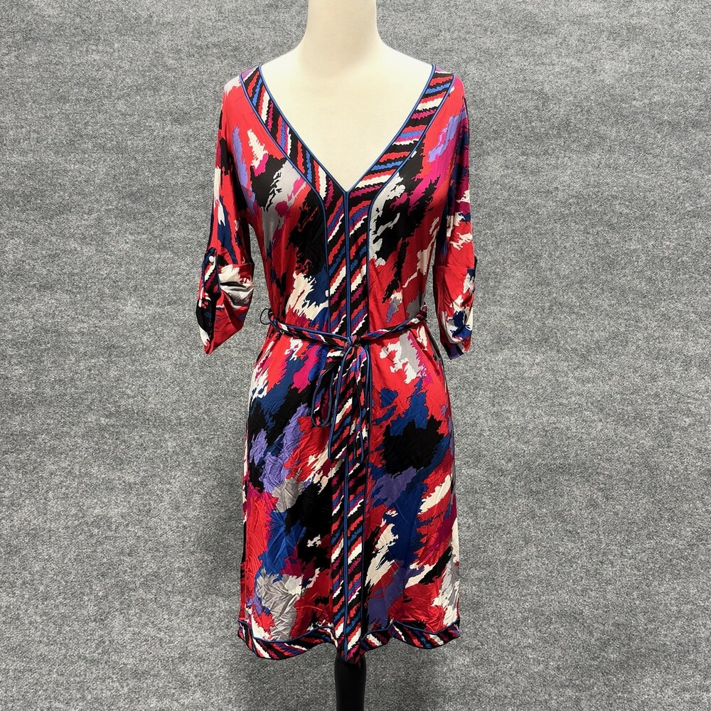 BCBGMAXAZRIA Dress Womens XS Black Red Geometric Belted V Neck Shift Jersey